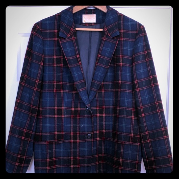 Vintage Blue Plaid Blazer Pendleton 100/% wool blazer with pockets